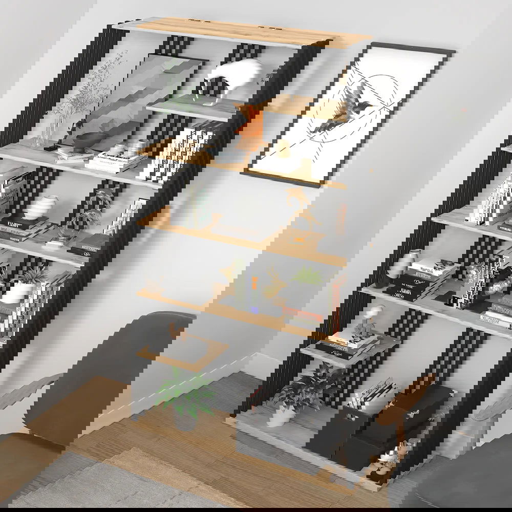 2000mm Modern Natural Etagere Bookcase 6-Tier Bookshelf Display in Black Finish - 