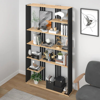 2000mm Modern Natural Etagere Bookcase 6-Tier Bookshelf Display in Black Finish - 