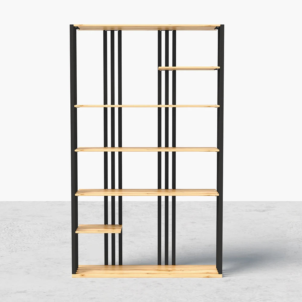 2000mm Modern Natural Etagere Bookcase 6-Tier Bookshelf Display in Black Finish - 