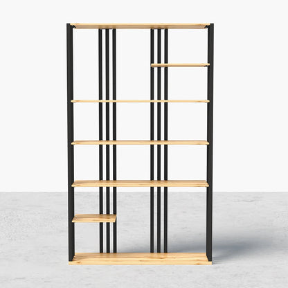 2000mm Modern Natural Etagere Bookcase 6-Tier Bookshelf Display in Black Finish - 