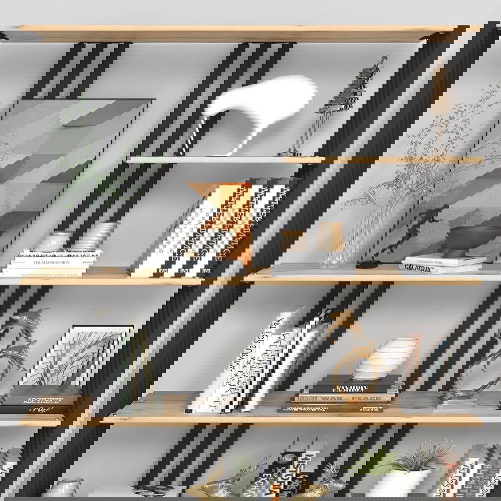 2000mm Modern Natural Etagere Bookcase 6-Tier Bookshelf Display in Black Finish - 