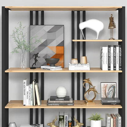 2000mm Modern Natural Etagere Bookcase 6-Tier Bookshelf Display in Black Finish - 