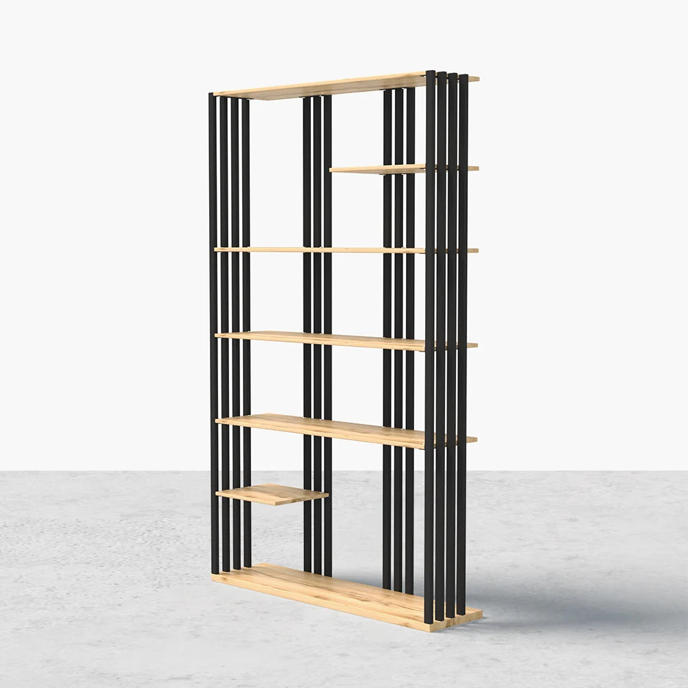 2000mm Modern Natural Etagere Bookcase 6-Tier Bookshelf Display in Black Finish - 