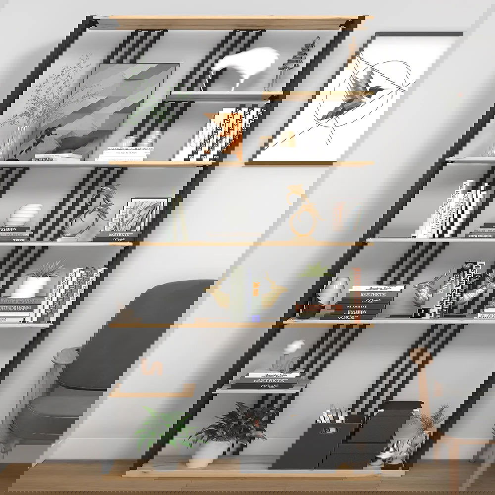 2000mm Modern Natural Etagere Bookcase 6-Tier Bookshelf Display in Black Finish - Homary