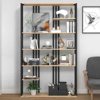 2000mm Modern Natural Etagere Bookcase 6-Tier Bookshelf Display in Black Finish - Homary