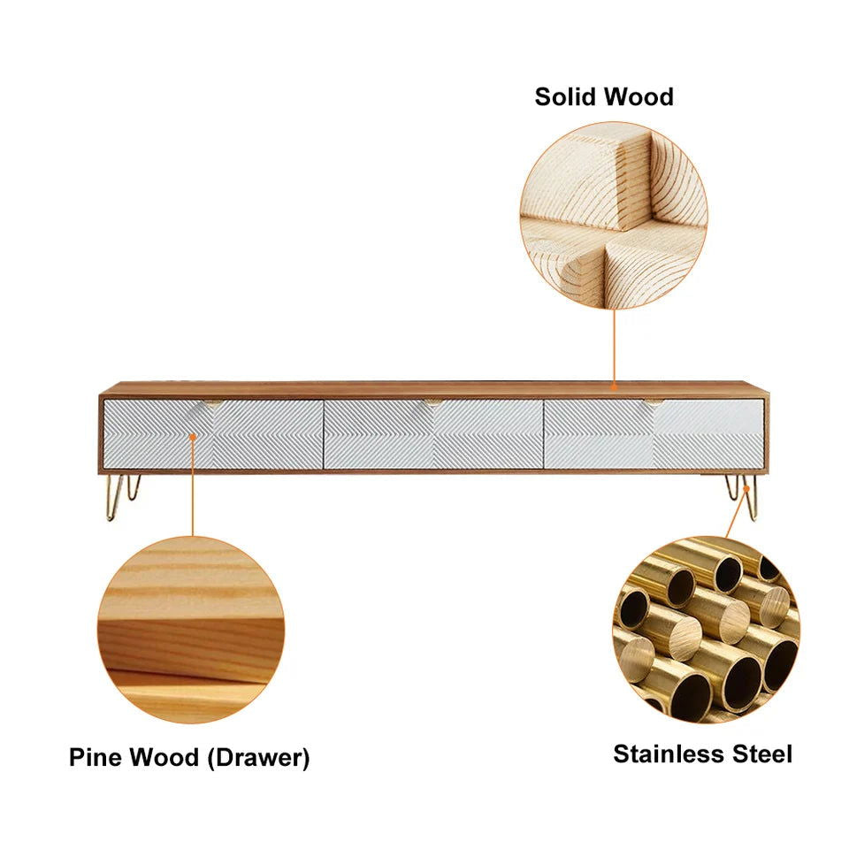 2000mm Modern Nordic Wood TV Stand Fluted White & Gold with 3 Drawers for 2519mm TV - 