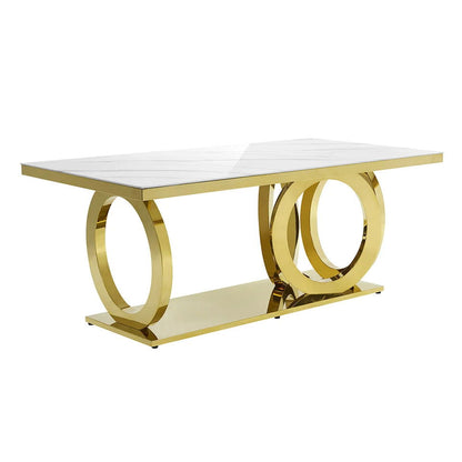 2000mm Modern Rectangle White Dining Table Sintered Stone Stainless Steel Base in Gold - 