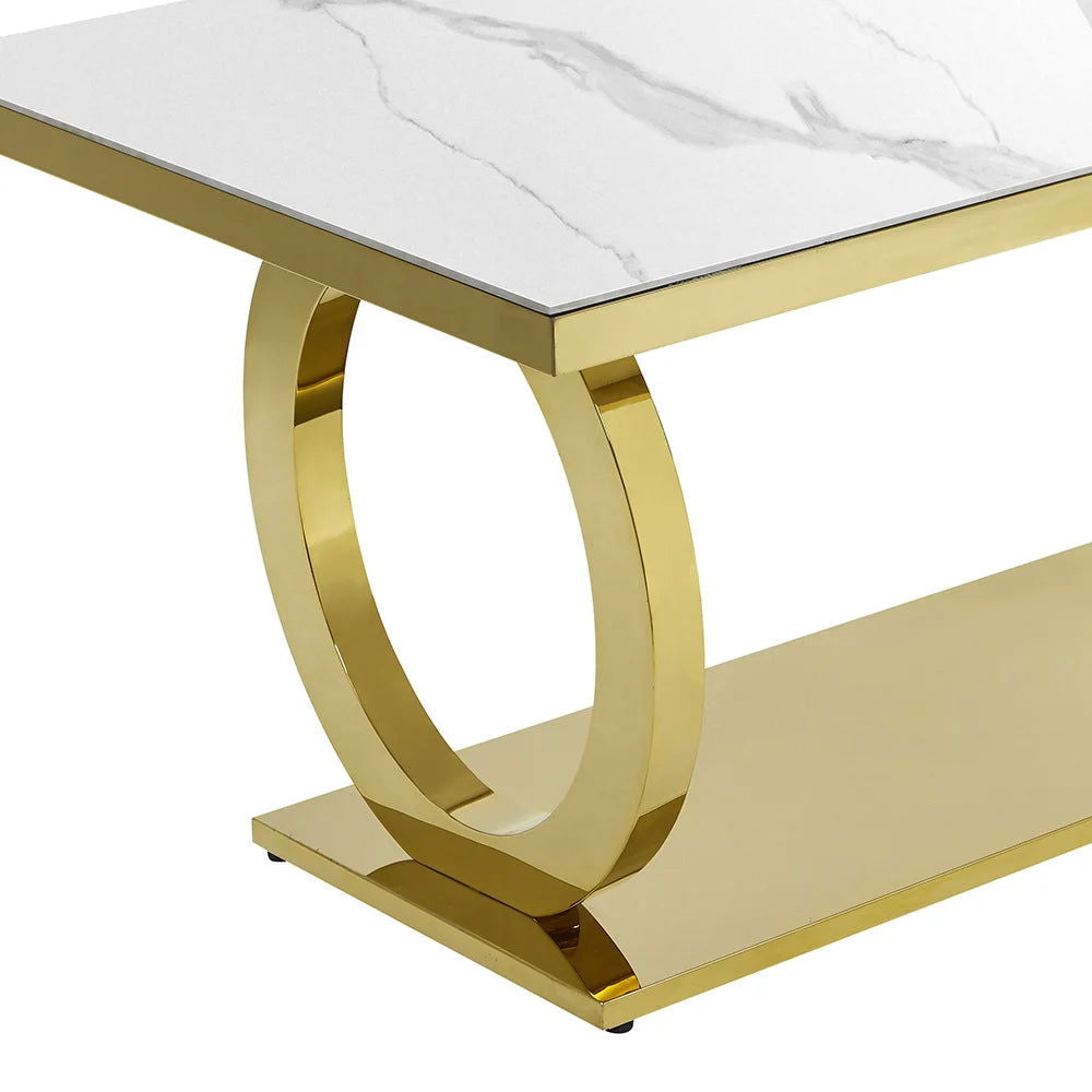 2000mm Modern Rectangle White Dining Table Sintered Stone Stainless Steel Base in Gold - 