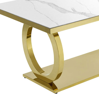 2000mm Modern Rectangle White Dining Table Sintered Stone Stainless Steel Base in Gold - 