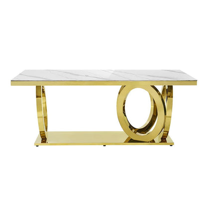 2000mm Modern Rectangle White Dining Table Sintered Stone Stainless Steel Base in Gold - 