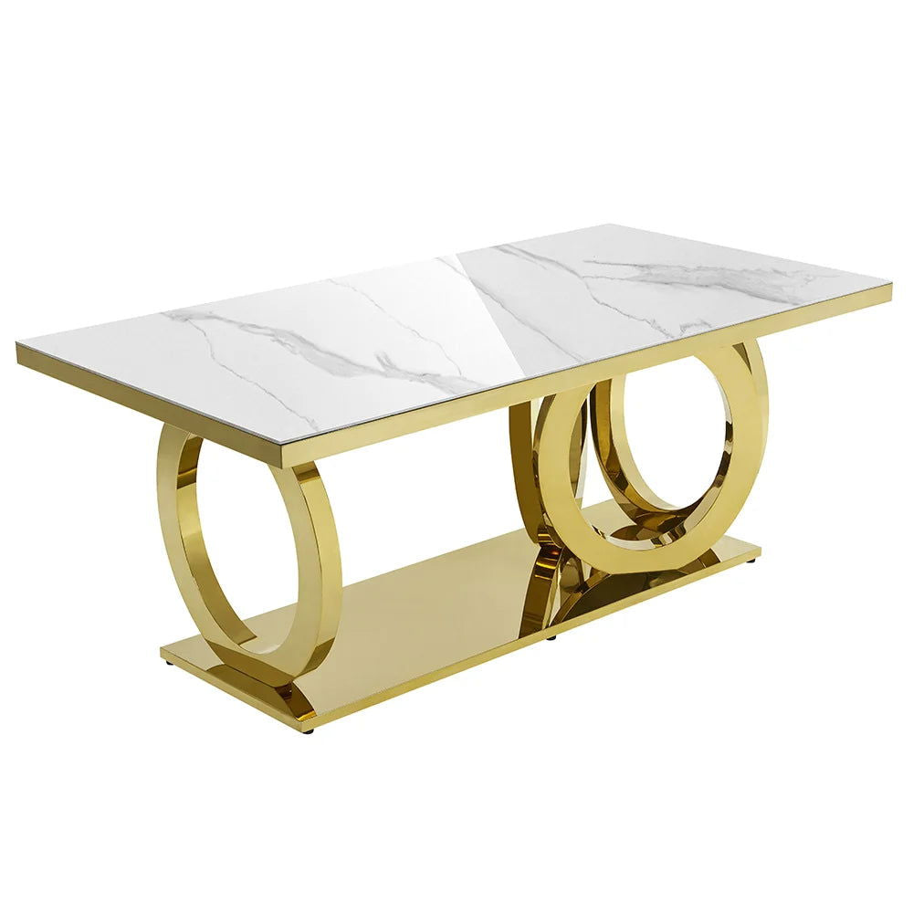 2000mm Modern Rectangle White Dining Table Sintered Stone Stainless Steel Base in Gold - 