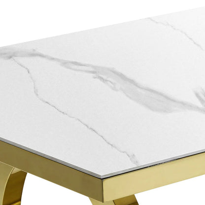 2000mm Modern Rectangle White Dining Table Sintered Stone Stainless Steel Base in Gold - 