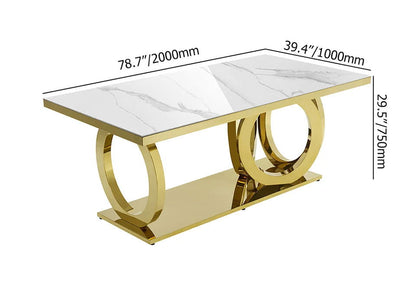 2000mm Modern Rectangle White Dining Table Sintered Stone Stainless Steel Base in Gold - 