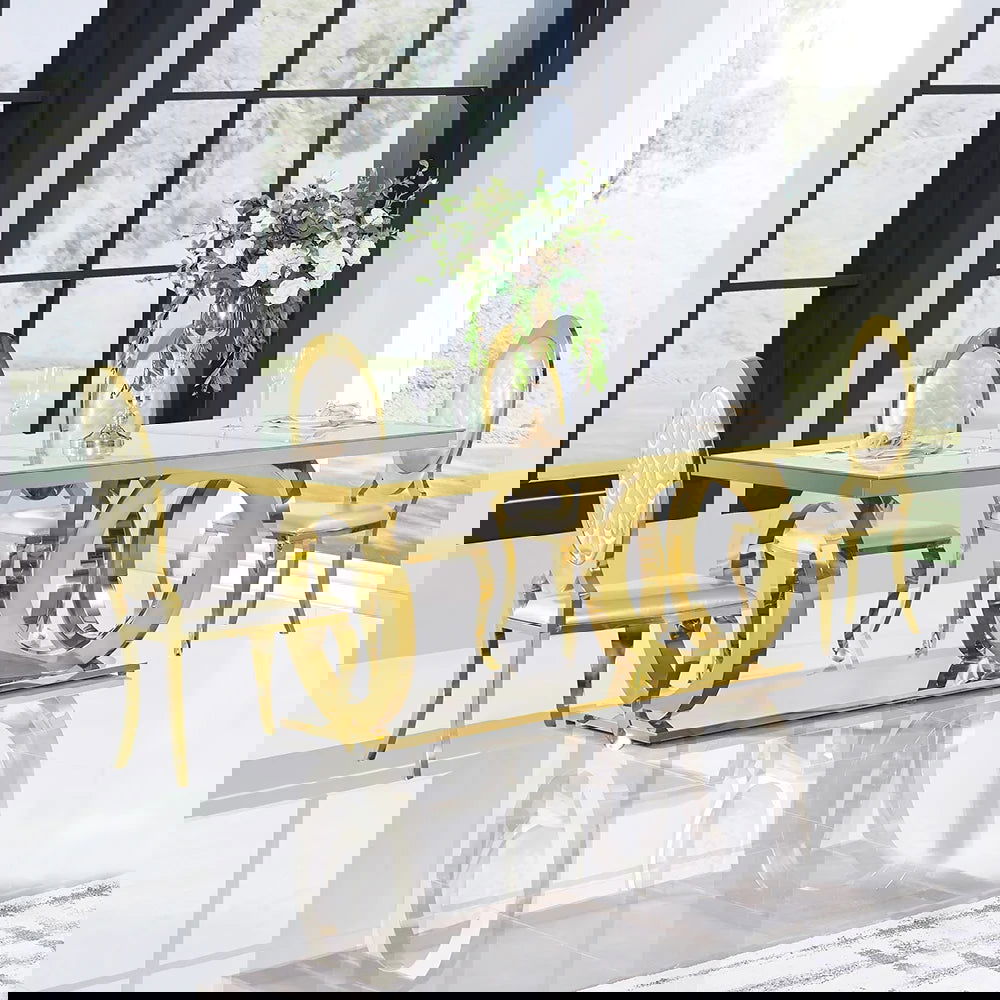 2000mm Modern Rectangle White Dining Table Sintered Stone Stainless Steel Base in Gold - Homary