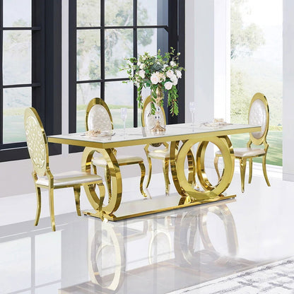 2000mm Modern Rectangle White Dining Table Sintered Stone Stainless Steel Base in Gold - Homary