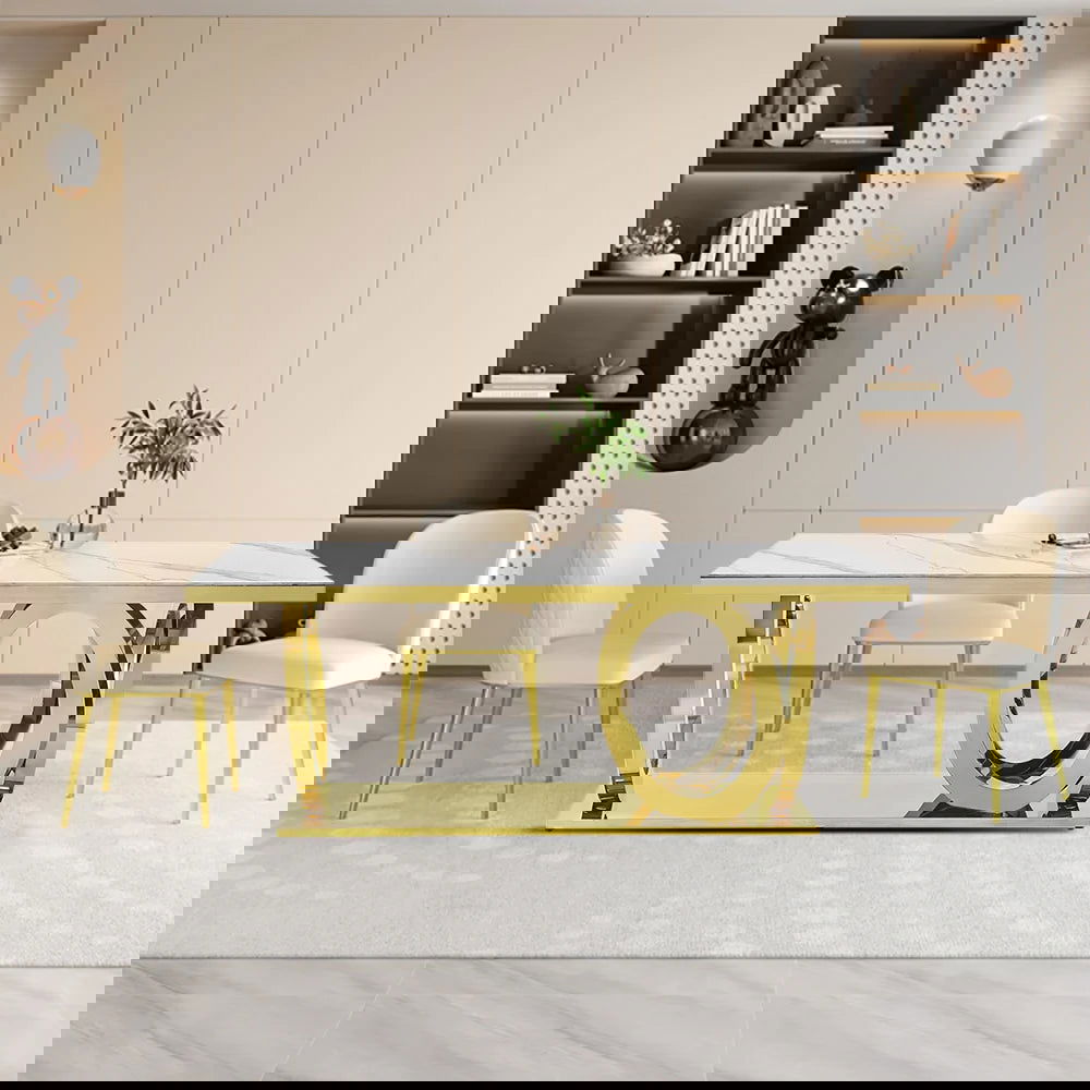 2000mm Modern Rectangle White Dining Table Sintered Stone Stainless Steel Base in Gold - Homary