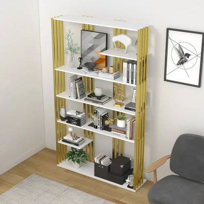 2000mm Modern Steel Etagere Bookshelf Display Shelving 6-Shelf White Tall Book Shelf - 