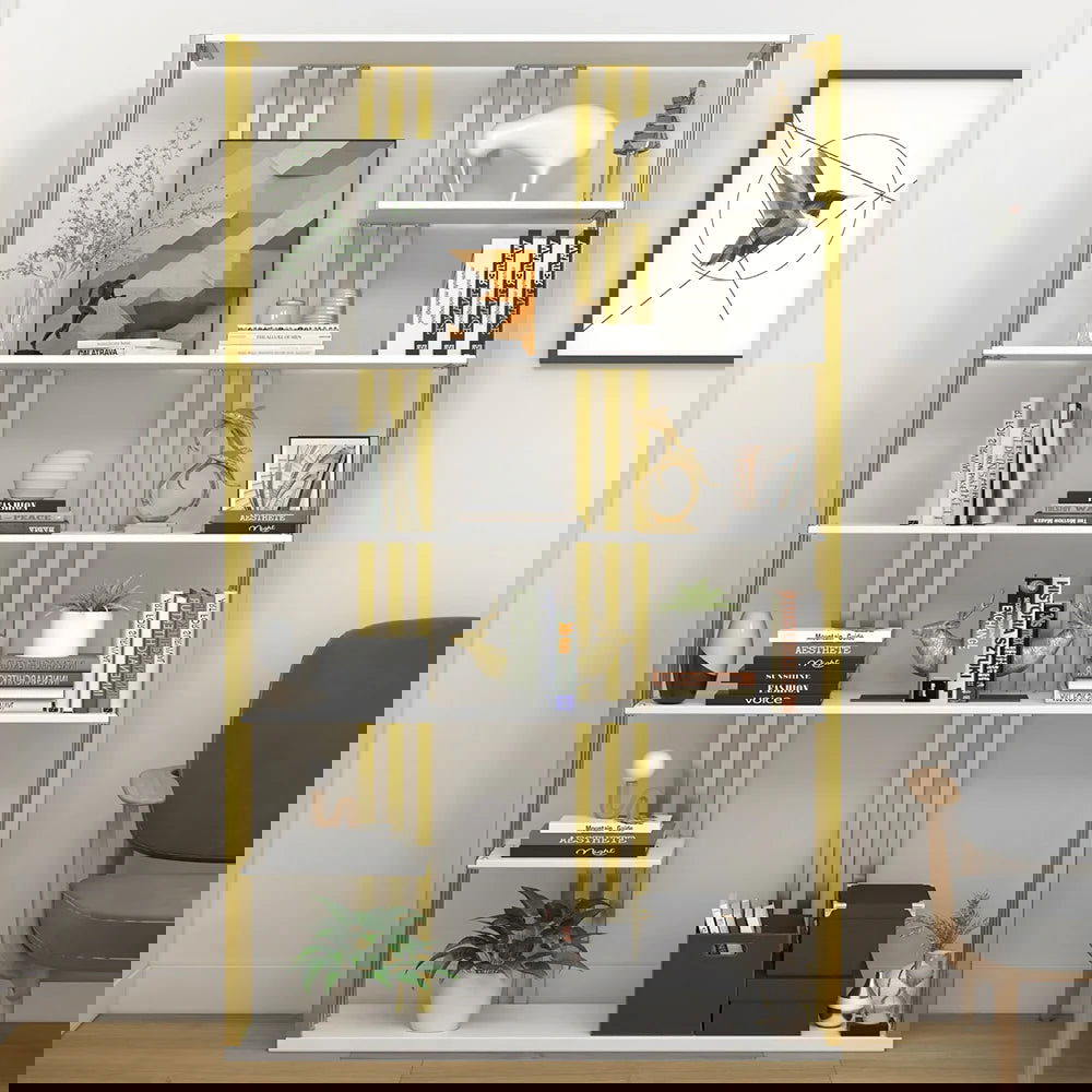 2000mm Modern Steel Etagere Bookshelf Display Shelving 6-Shelf White Tall Book Shelf - Homary