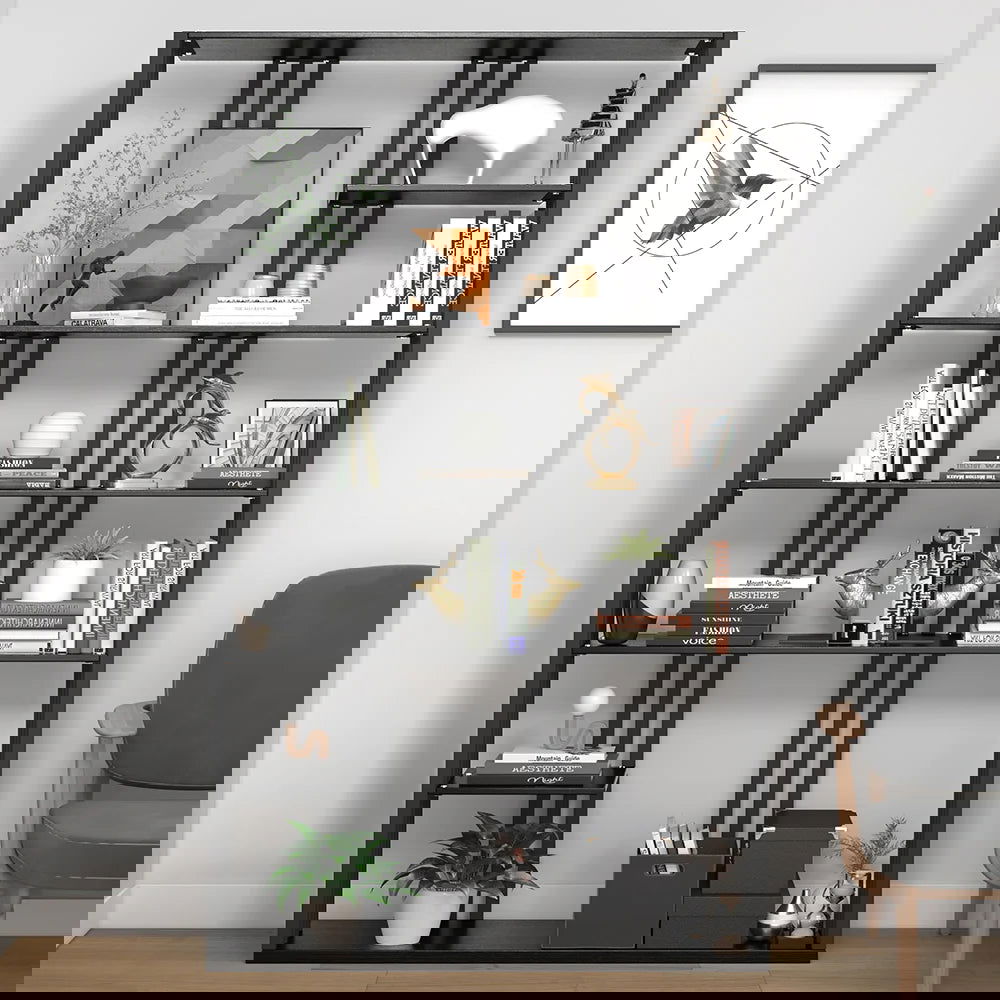 2000mm Modern Steel Etagere Bookshelf Display Shelving 6-Shelf in Black Tall Book Shelf - 