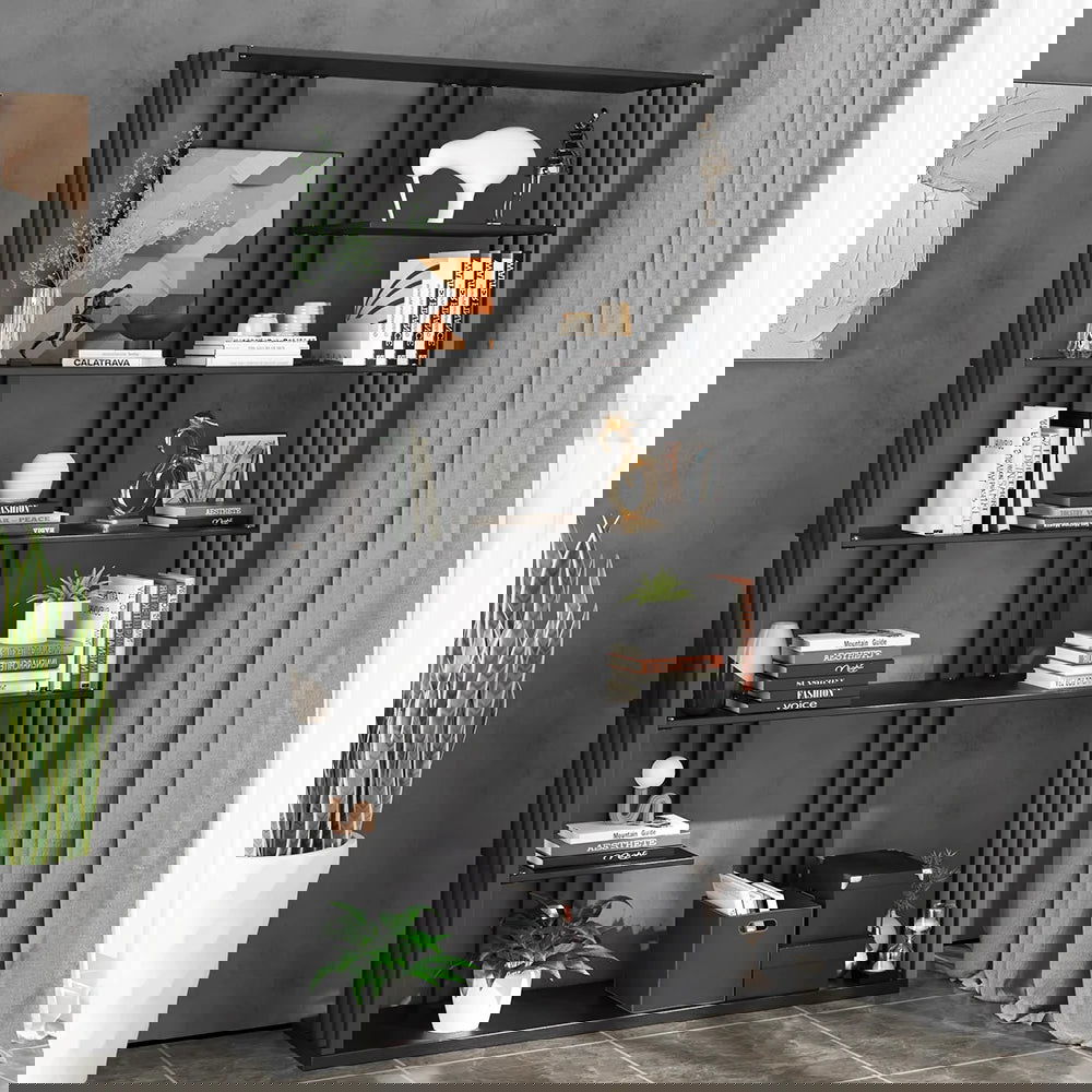 2000mm Modern Steel Etagere Bookshelf Display Shelving 6-Shelf in Black Tall Book Shelf - 