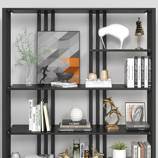 2000mm Modern Steel Etagere Bookshelf Display Shelving 6-Shelf in Black Tall Book Shelf - Homary