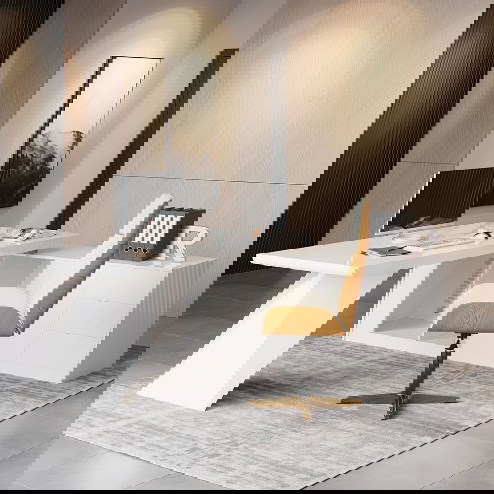 2000mm Modern White L-Shape Executive Desk Drawers & Cabinet Office Desk Right Hand - 