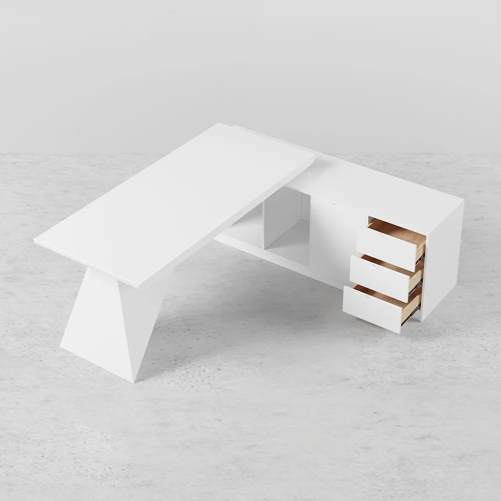 2000mm Modern White L-Shape Executive Desk Drawers & Cabinet Office Desk Right Hand - 