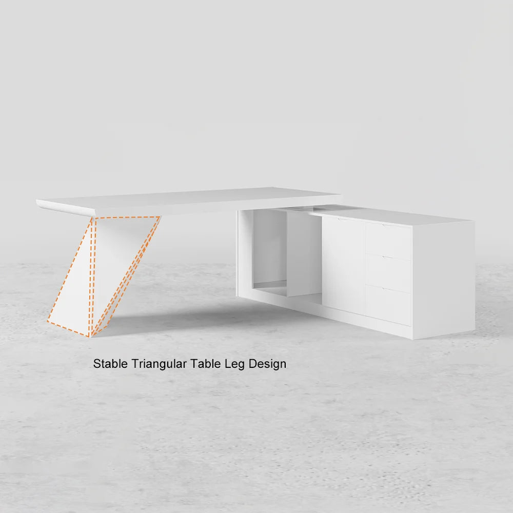 2000mm Modern White L-Shape Executive Desk Drawers & Cabinet Office Desk Right Hand - 