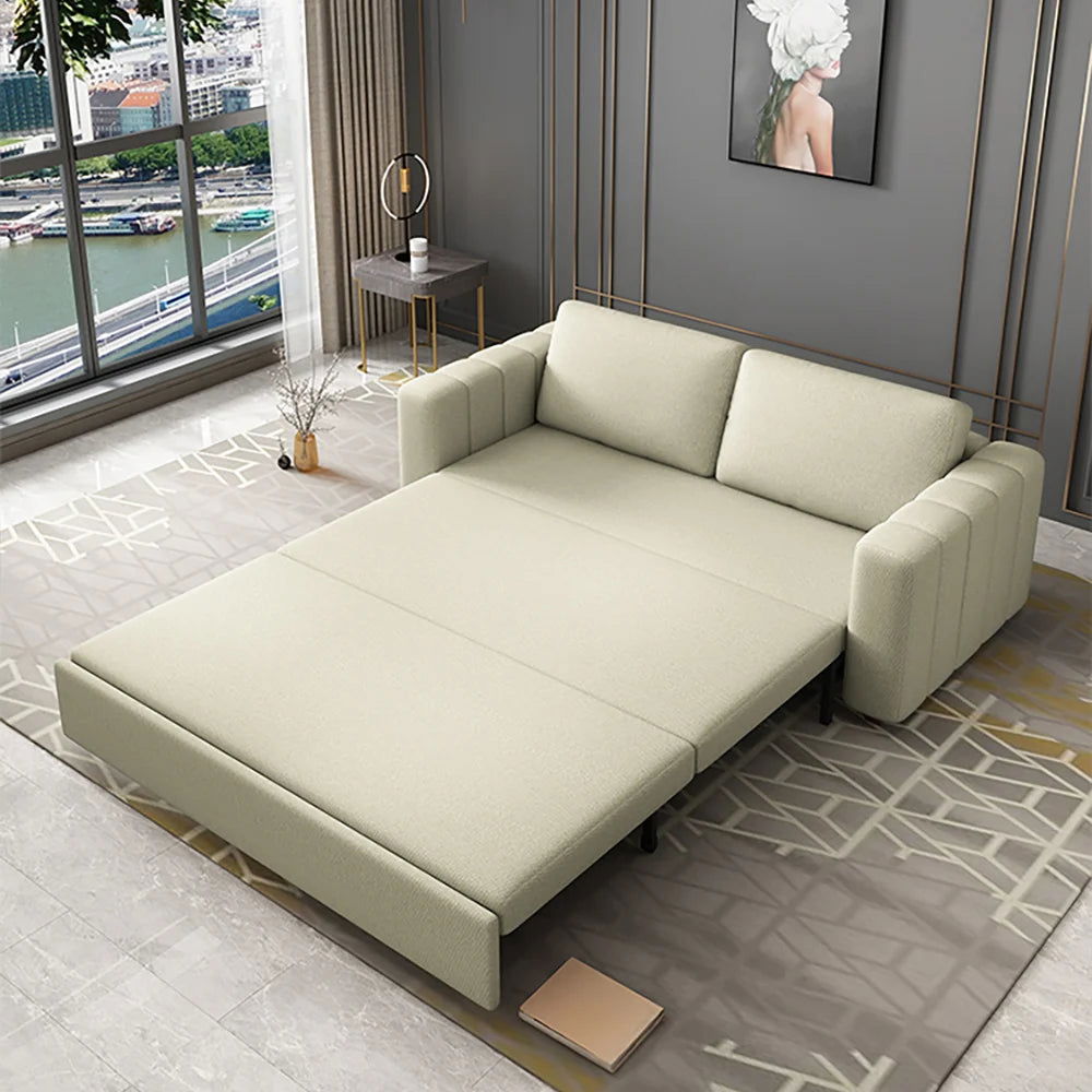 2080mm Beige Sofa Bed Convertible Sleeper Couch Cotton & Linen Upholstery with Storage - 