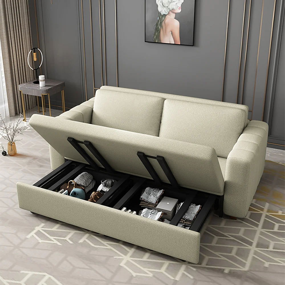 2080mm Beige Sofa Bed Convertible Sleeper Couch Cotton & Linen Upholstery with Storage - 