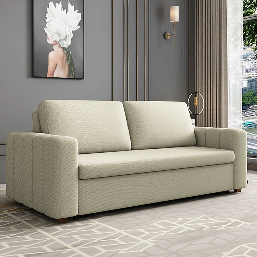 2080mm Beige Sofa Bed Convertible Sleeper Couch Cotton & Linen Upholstery with Storage - 