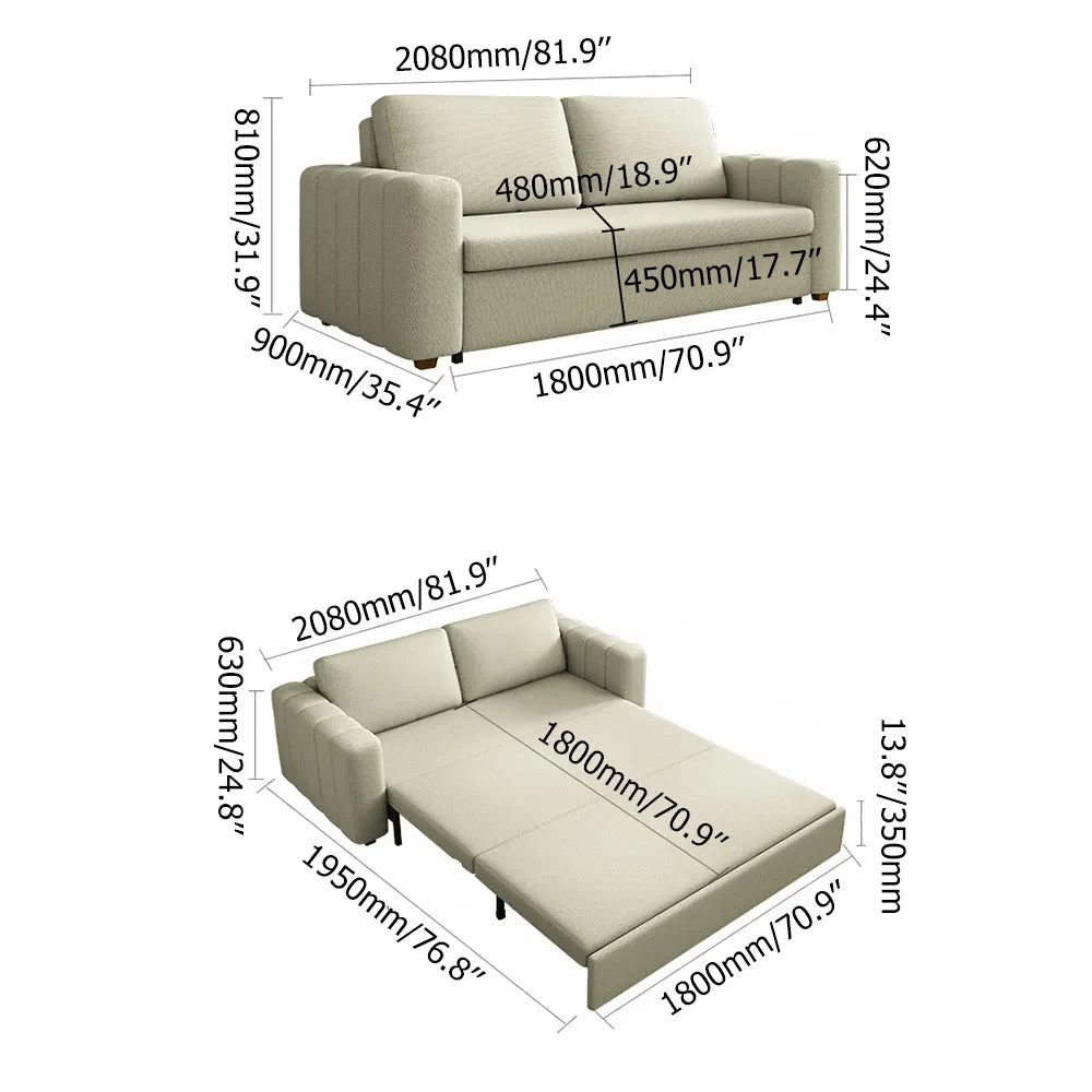 2080mm Beige Sofa Bed Convertible Sleeper Couch Cotton & Linen Upholstery with Storage - 