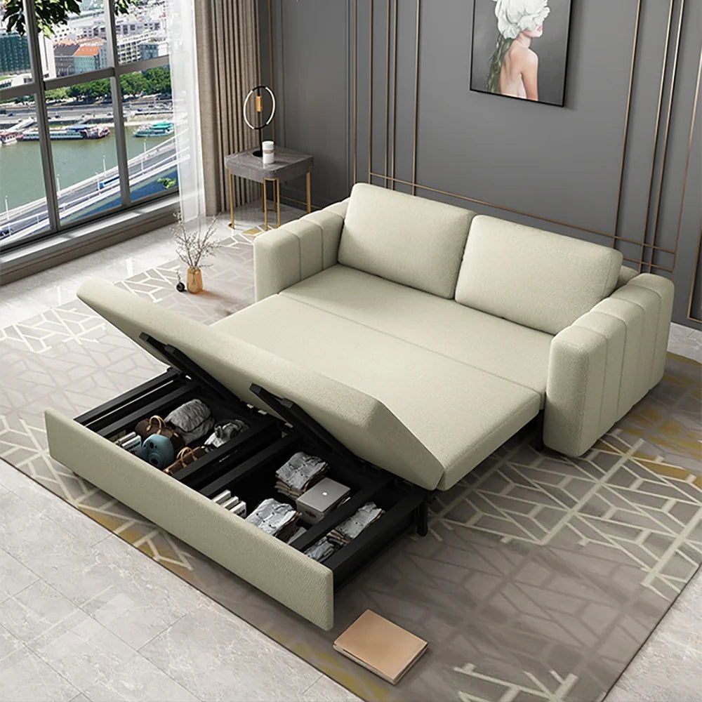 2080mm Beige Sofa Bed Convertible Sleeper Couch Cotton & Linen Upholstery with Storage - Homary