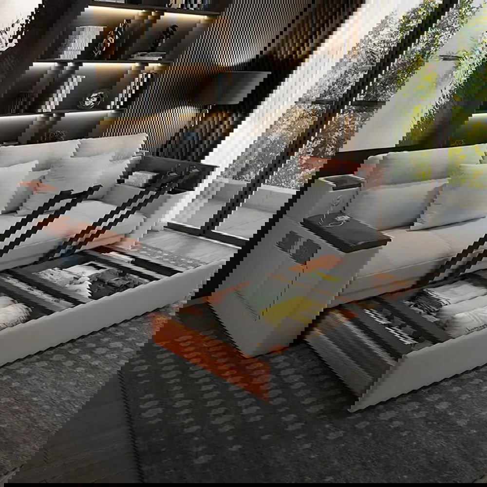 2100mm Grey Full Sleeper Sofa Linen Convertible Sofa Bed with Storage & Side Pockets - 