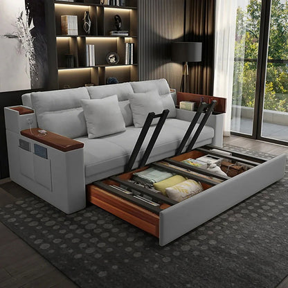 2100mm Grey Full Sleeper Sofa Linen Convertible Sofa Bed with Storage & Side Pockets - 