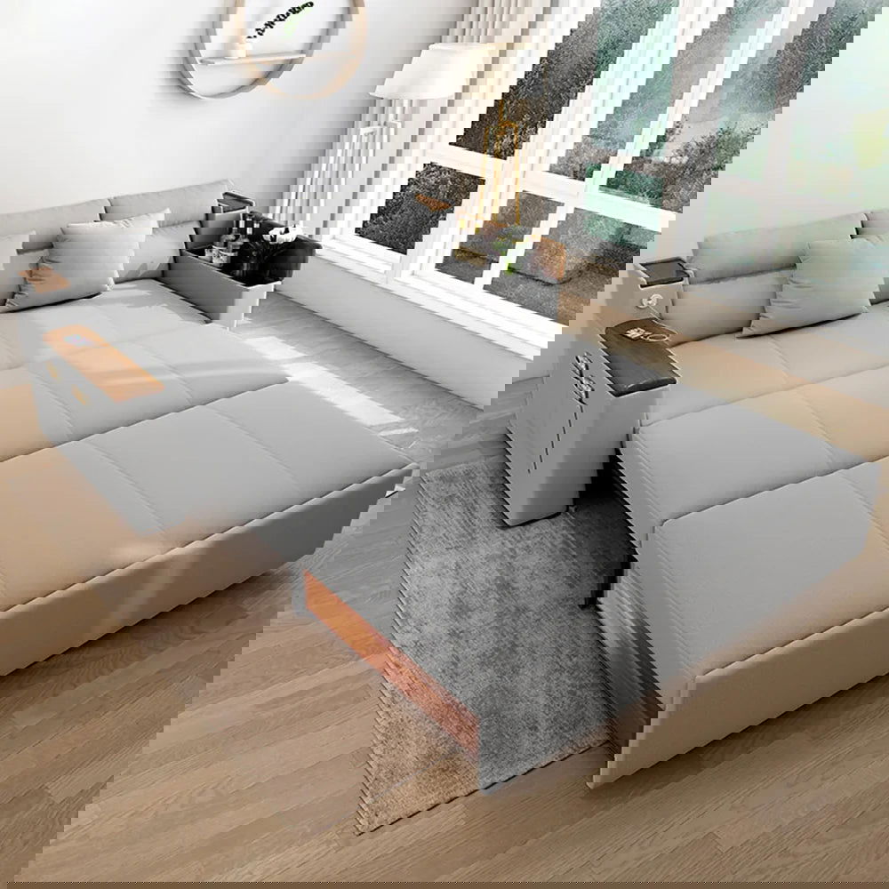 2100mm Grey Full Sleeper Sofa Linen Convertible Sofa Bed with Storage & Side Pockets - 