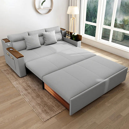 2100mm Grey Full Sleeper Sofa Linen Convertible Sofa Bed with Storage & Side Pockets - 
