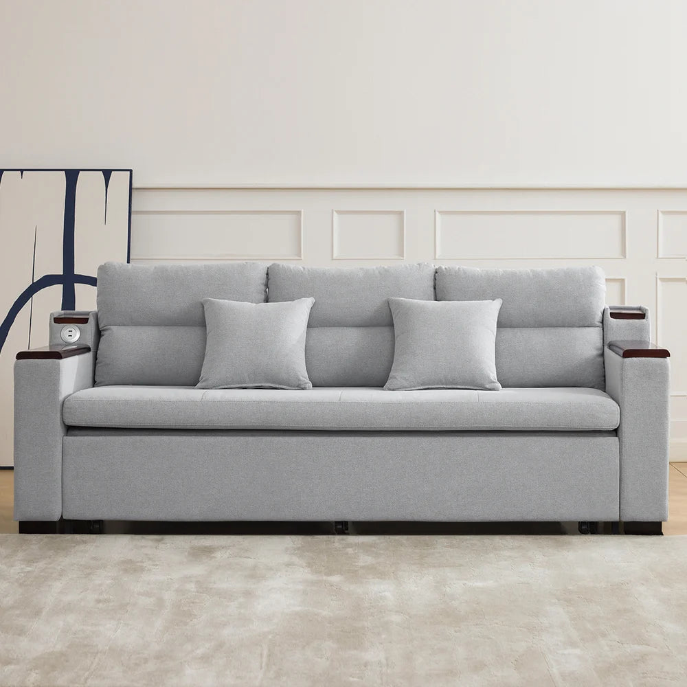 2100mm Grey Full Sleeper Sofa Linen Convertible Sofa Bed with Storage & Side Pockets - 