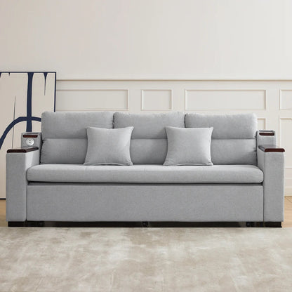 2100mm Grey Full Sleeper Sofa Linen Convertible Sofa Bed with Storage & Side Pockets - 