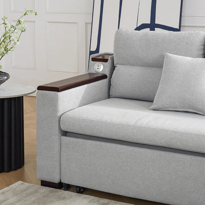 2100mm Grey Full Sleeper Sofa Linen Convertible Sofa Bed with Storage & Side Pockets - 