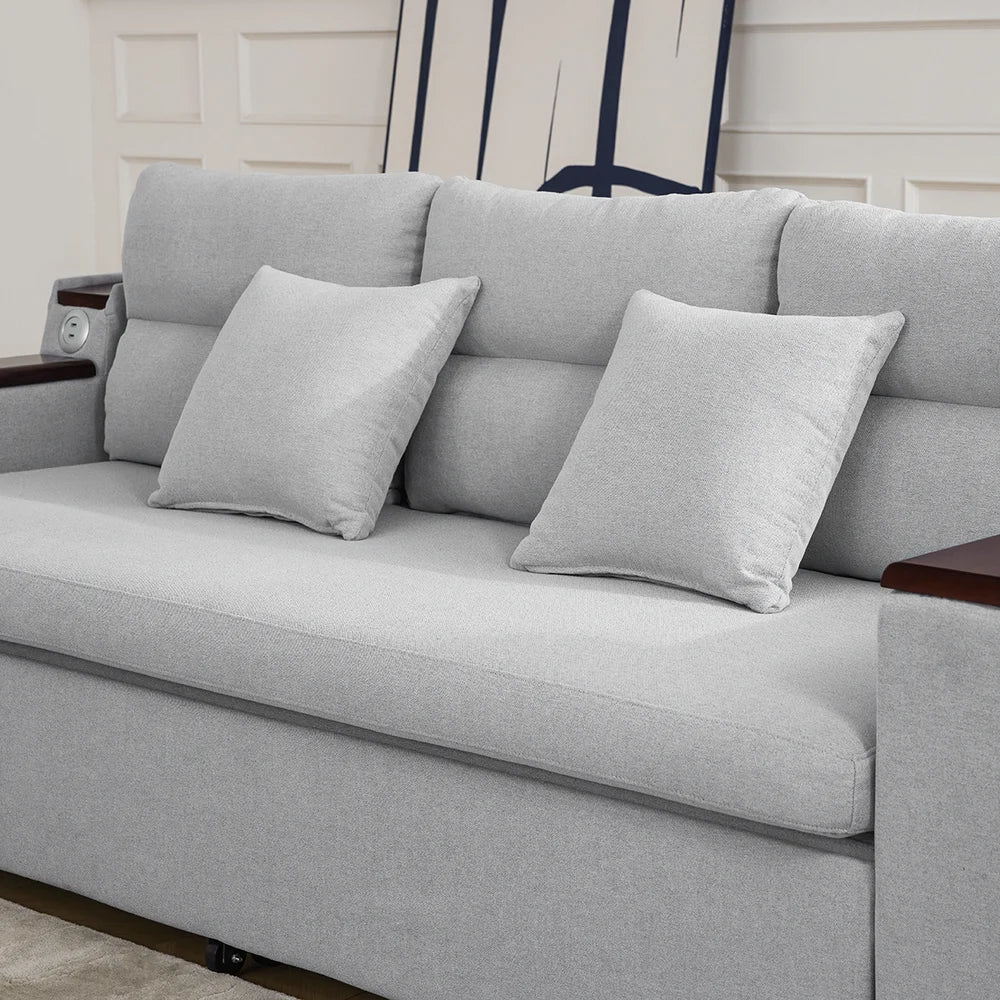 2100mm Grey Full Sleeper Sofa Linen Convertible Sofa Bed with Storage & Side Pockets - 