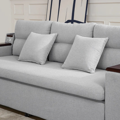 2100mm Grey Full Sleeper Sofa Linen Convertible Sofa Bed with Storage & Side Pockets - 