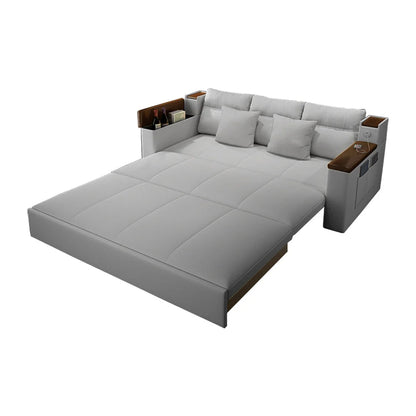 2100mm Grey Full Sleeper Sofa Linen Convertible Sofa Bed with Storage & Side Pockets - 