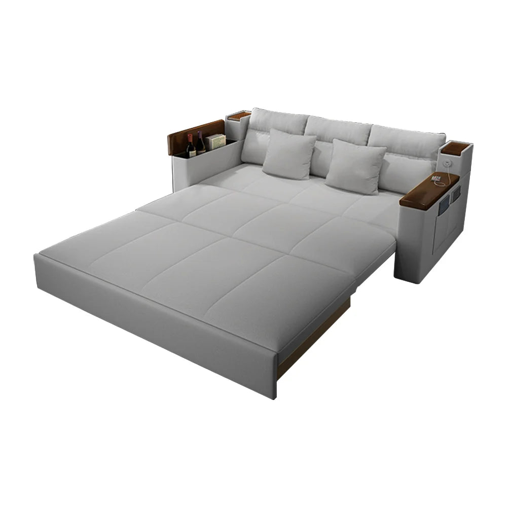2100mm Grey Full Sleeper Sofa Linen Convertible Sofa Bed with Storage & Side Pockets - 