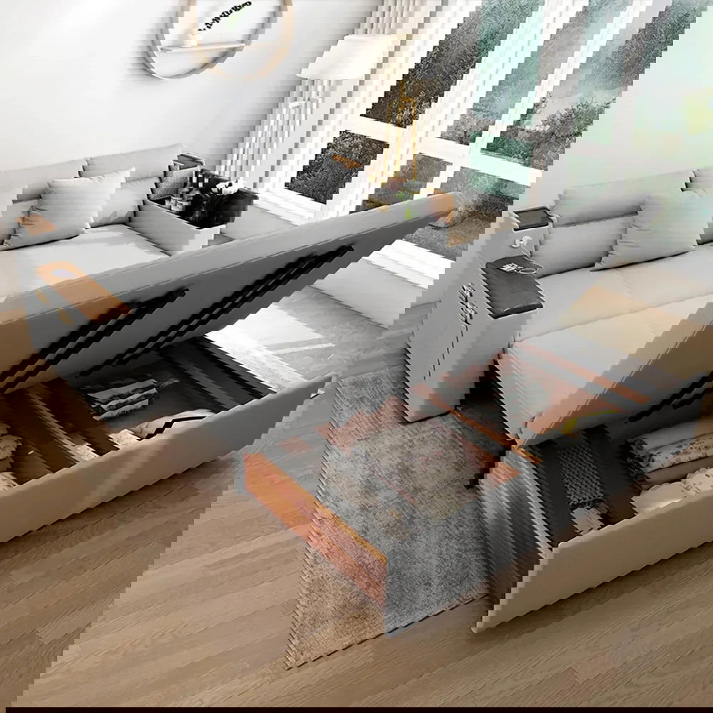 2100mm Grey Full Sleeper Sofa Linen Convertible Sofa Bed with Storage & Side Pockets - Homary