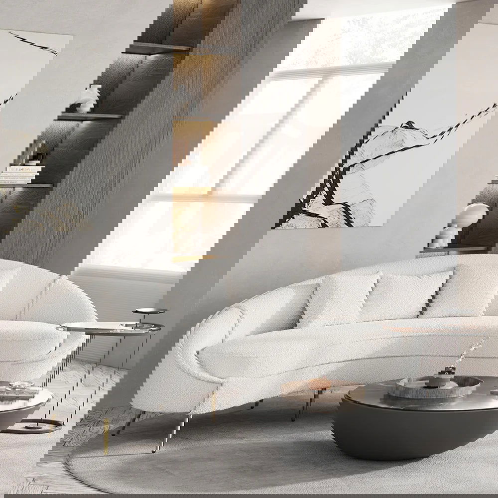 2100mm Modern White Boucle Curved Sofa 3 Seaters Toss Pillow Included - 