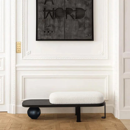 White & Black Wooden Entryway Bench Boucle Upholstered with Abstract Metal Legs