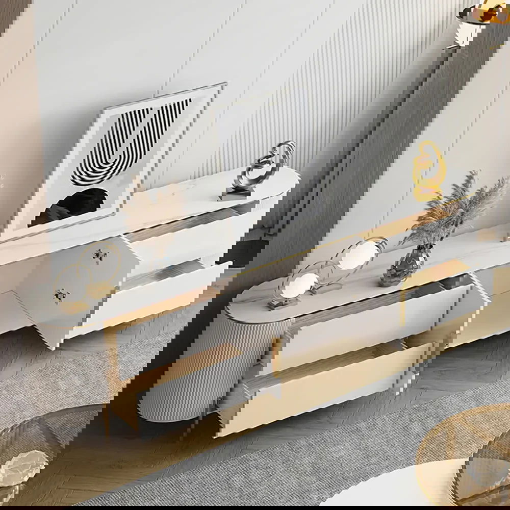 2200mm Modern Elegant Oval TV Console with Drawers & Doors in White - 