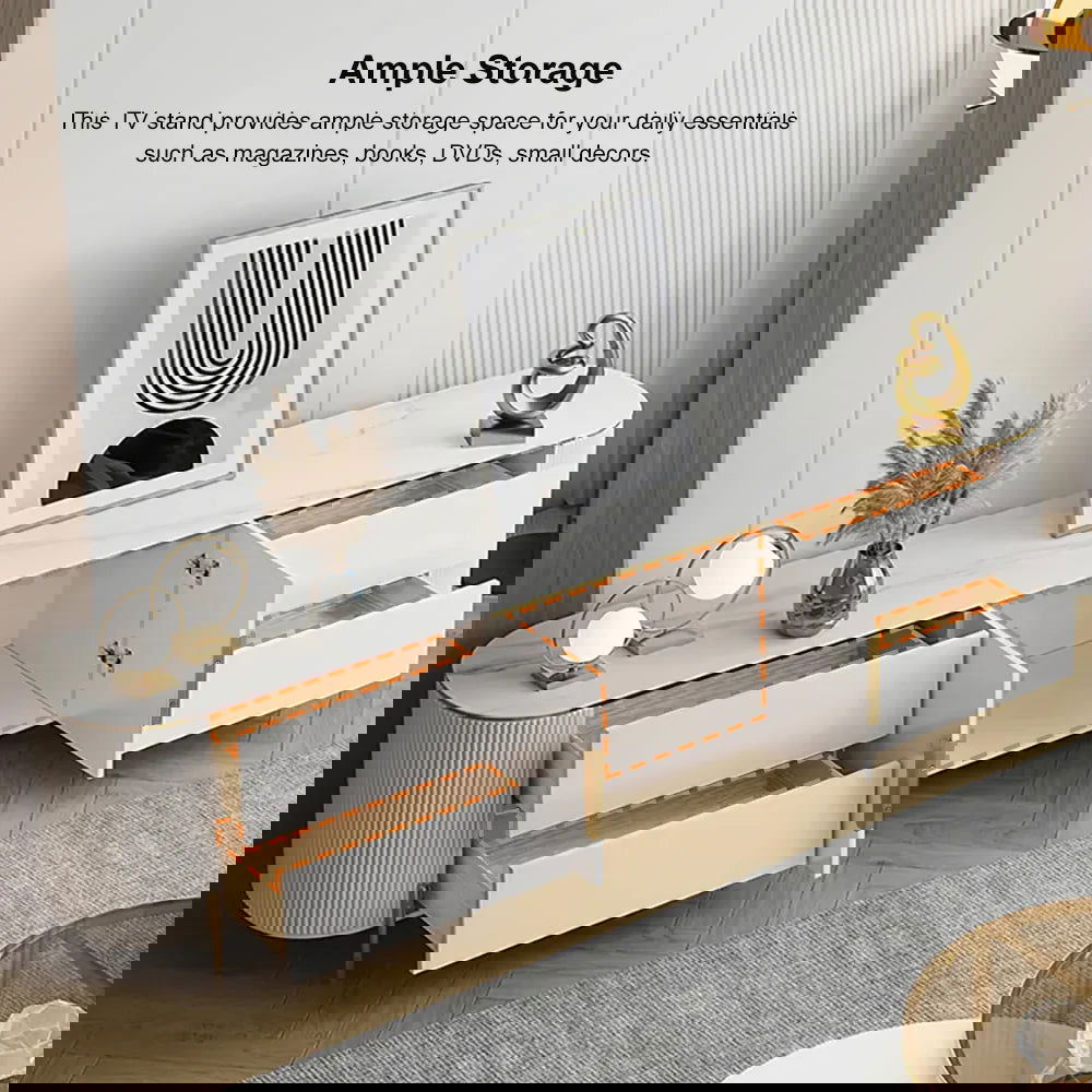 2200mm Modern Elegant Oval TV Console with Drawers & Doors in White - 