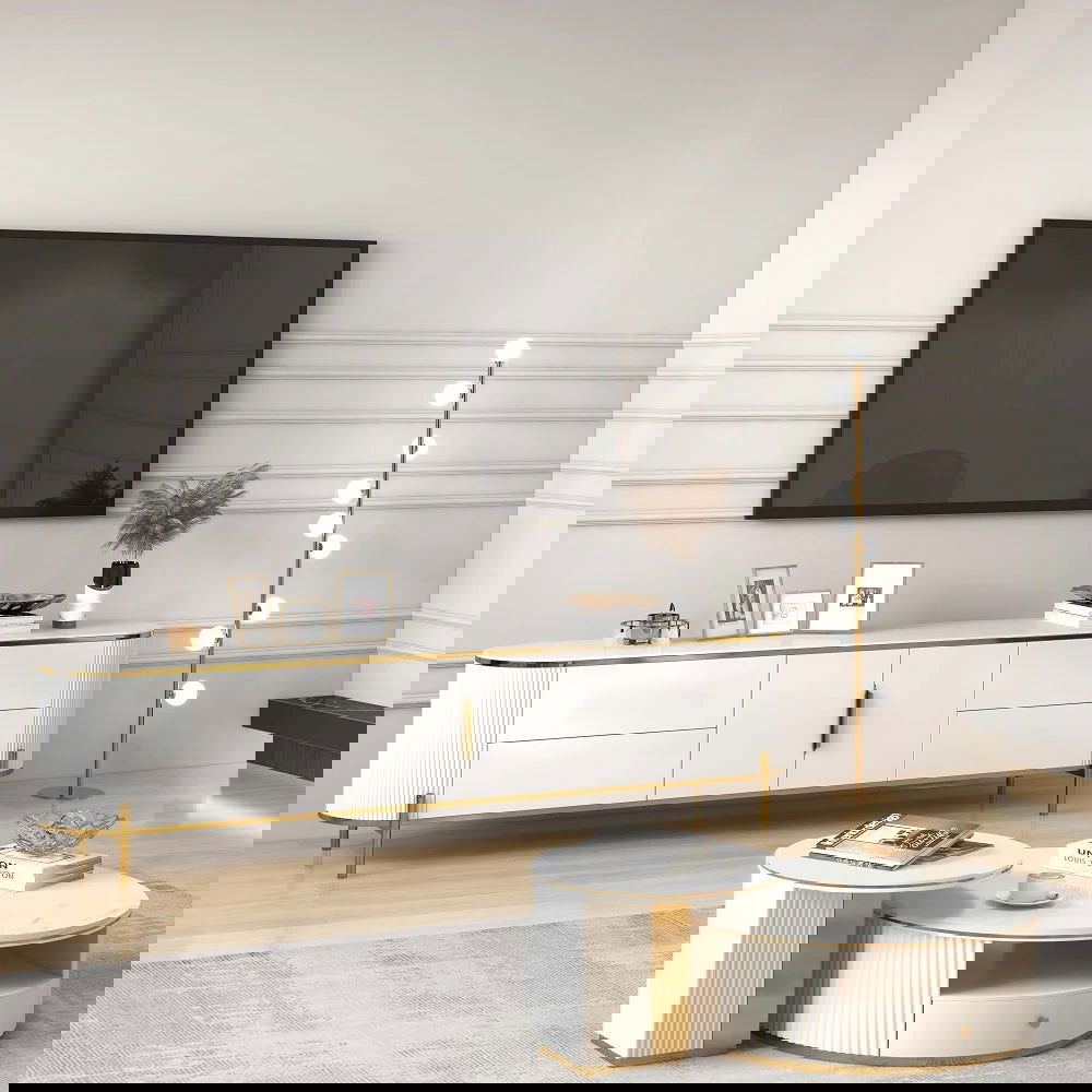 2200mm Modern Elegant Oval TV Console with Drawers & Doors in White - Homary